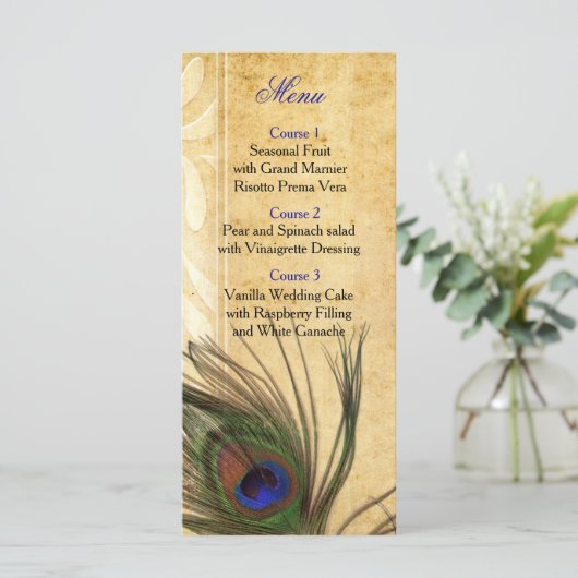 Rustique Peacock Feather menu mariage (Debout devant)