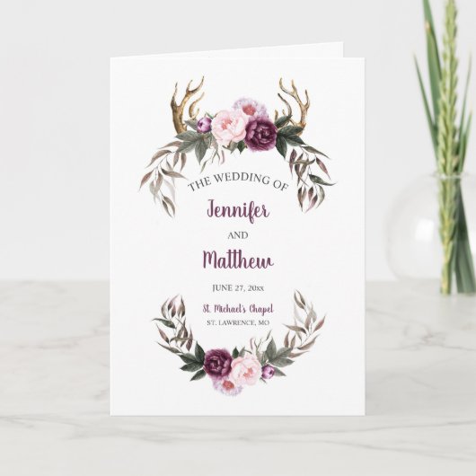 Rustique Plum Peonies Antlers Programme de mariage (Devant)