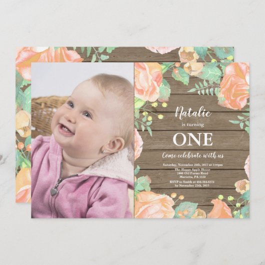 Rustique premier anniversaire Invitation Peach Flo (Devant / Derrière)