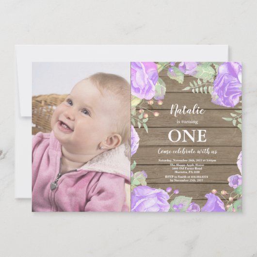 Rustique Premier Anniversaire Invitation Violet Fl (Devant)