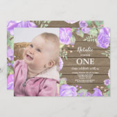 Rustique Premier Anniversaire Invitation Violet Fl (Devant / Derrière)