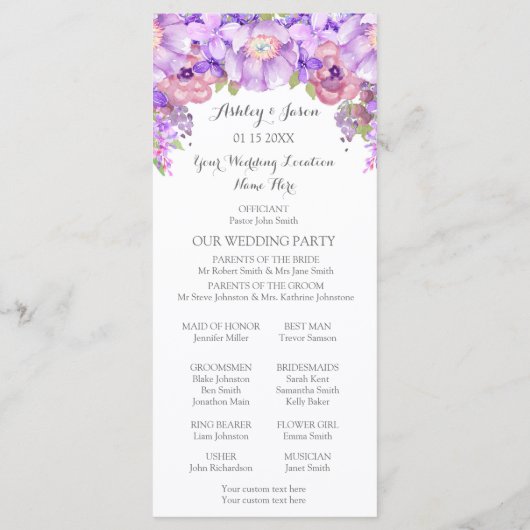 Rustique Purple Lavender Floral Wedding Programme (Dos)