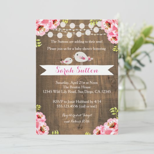 Rustique rose bébé oiseau fille douche Invitation (Debout devant)