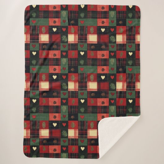 Rustique Rouge Vert Plaid Coeurs Noël (Devant)