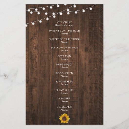 Rustique Sunflower String programme de mariage (Dos)