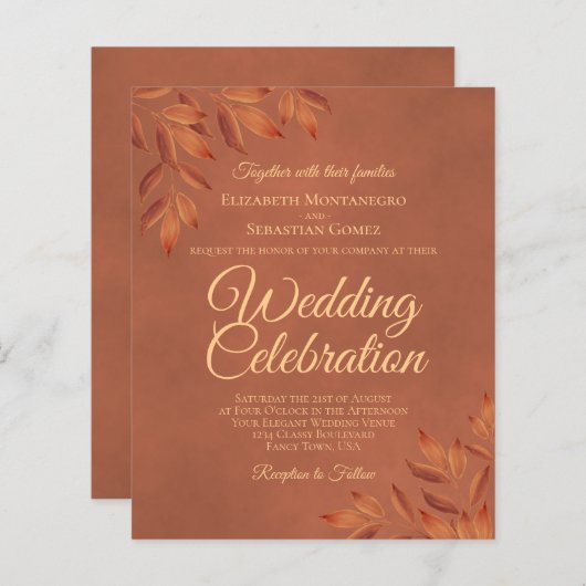 Rustique Terracotta Feuille BUDGET Faire-part de m (Devant / Derrière)