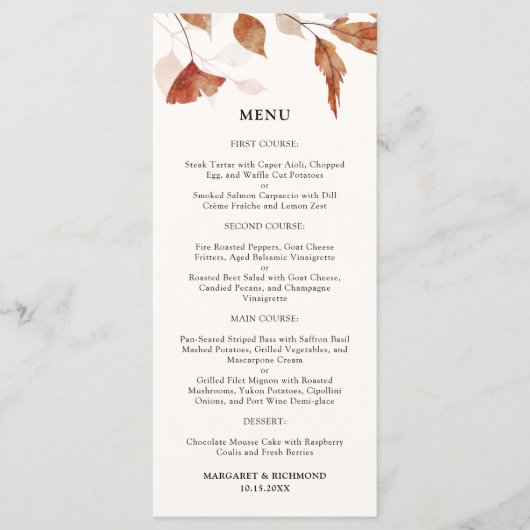Rustique Terracotta Feuille Menu Mariage de automn (Devant)