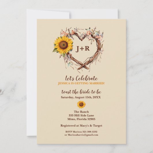 Rustique Tournesol Pays Bridal Douche Invitation (Devant)
