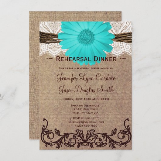Rustique Turquoise Daisy Rehearer Dîner Invitation (Devant / Derrière)