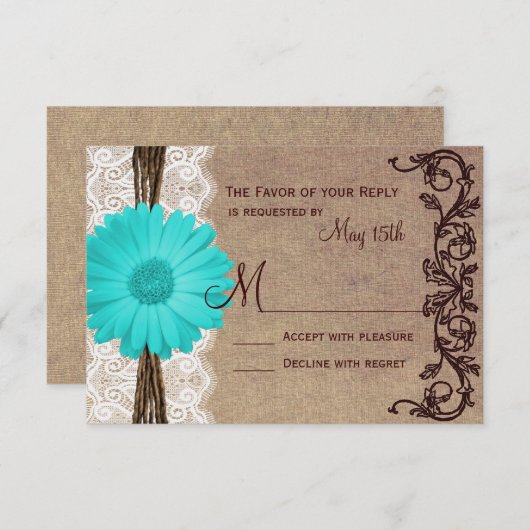 Rustique Turquoise Gerber Daisy Lace Wedding Carte (Devant / Derrière)