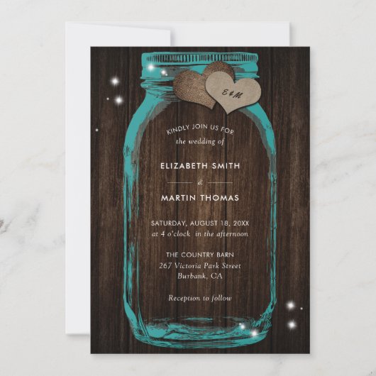 Rustique Turquoise Mason Jar Invitations de mariag (Devant)