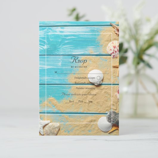 Rustique Turquoise QR Code RSVP Beach Wedding (Debout devant)