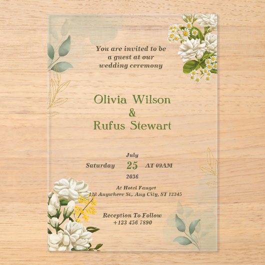 Rustique Vert Floral Acrylique Mariage Invitations (Recto)