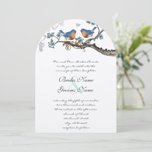 Rustique Vintage Bluebirds Invitations de mariage (Debout devant)