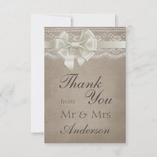 Rustique Vintage Burlap & dentelle Mariage Merci (Devant)