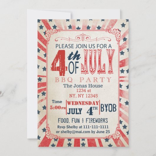 Rustique Vintage juillet 4 juillet Fête Invitation (Devant)