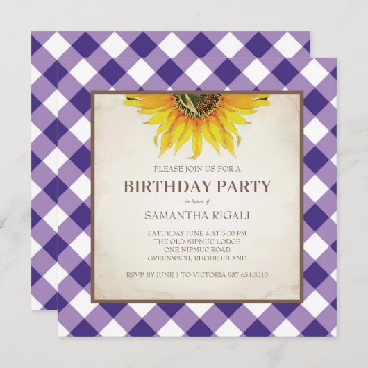 Rustique violet En vichy Invitation d'anniversaire (Devant / Derrière)