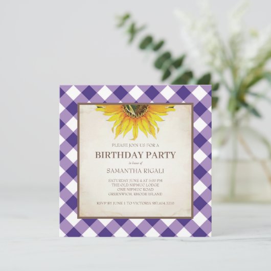 Rustique violet En vichy Invitation d'anniversaire (Debout devant)