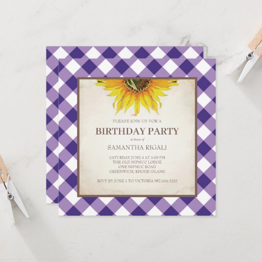 Rustique violet En vichy Invitation d'anniversaire (Devant/Arrière en situation)