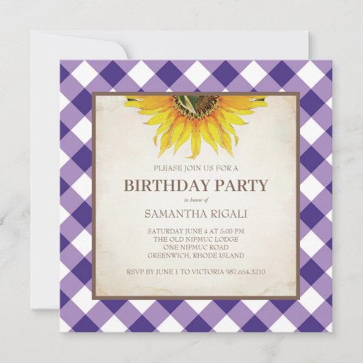 Rustique violet En vichy Invitation d'anniversaire (Devant)