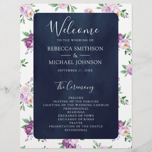 Rustique violet Floral Navy Blue Wedding Programme (Devant)