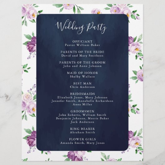 Rustique violet Floral Navy Blue Wedding Programme (Dos)