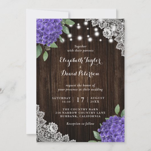 Rustique Violet Hydrangea Invitations de mariage (Devant)
