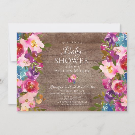 Rustique violet rose floral BÉBÉ Invitations de do (Devant)