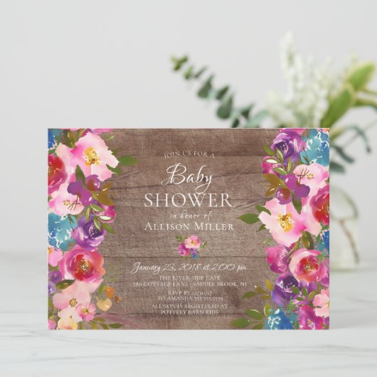 Rustique violet rose floral BÉBÉ Invitations de do (Debout devant)