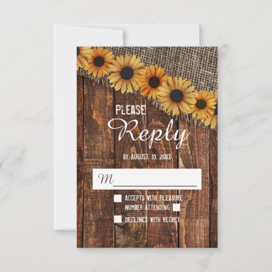 Rustique Wood & Burlap Sunflower Mariage Réponse R (Devant)