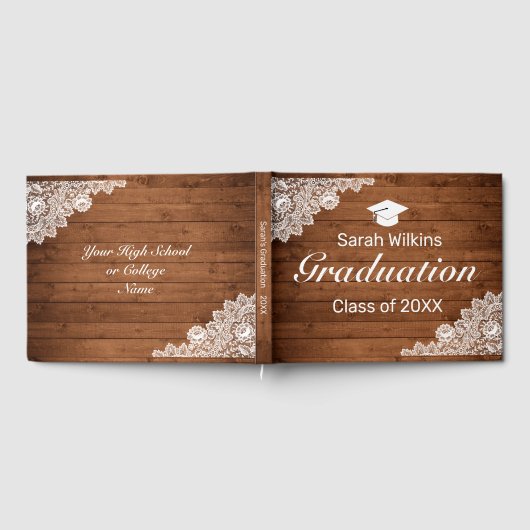 Rustisch Afstuderen met hout en witte kant Gastenboek (Volledig)