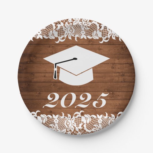 Rustisch Afstuderen Pet Wood & White Lace Papieren Bordje (Voorkant)