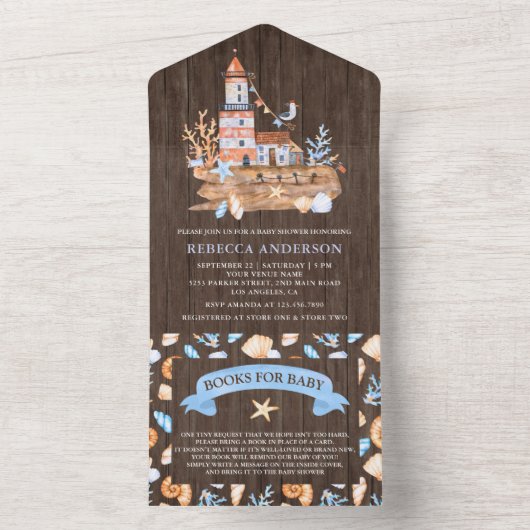 Rustisch Baby shower van Nautical Lighthouse All In One Uitnodiging (Binnen)