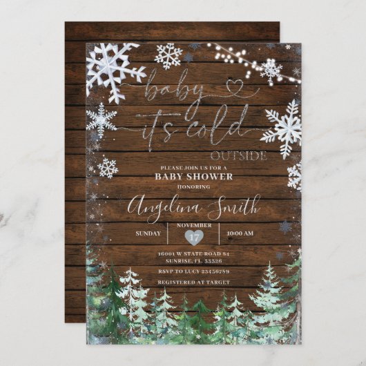 Rustisch Baby shower wintersnowflake Kaart (Voorkant / Achterkant)