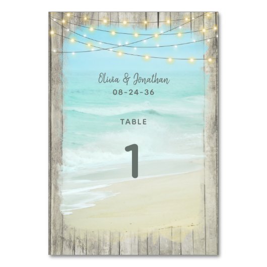 Rustisch Beach String Lights Wedding Table Number Kaart (Achterkant)