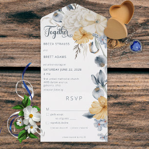 Rustisch Blauw Geel en Wit Floral Wit Dinner All In One Uitnodiging