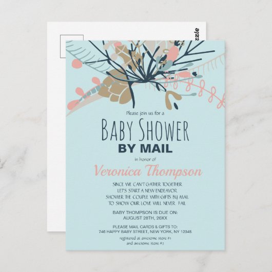 Rustisch blauw pasta botanisch Baby shower per pos Briefkaart (Voorkant / Achterkant)