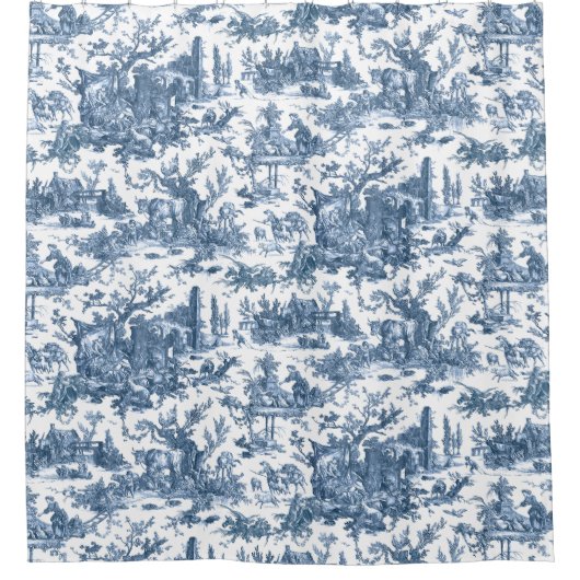 Rustisch Boerderij Frans Toile-Blue en White Douchegordijn (Voorkant)