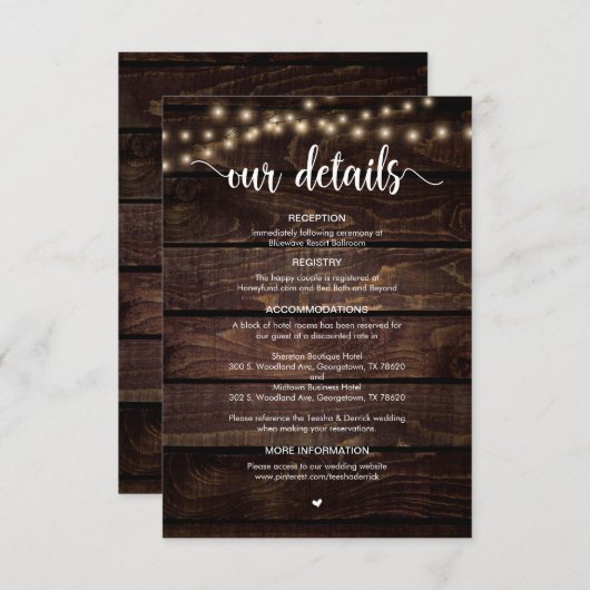 Rustisch Boerderij Hout, String Lights, Weddenscha Informatiekaartje (Voorkant / Achterkant)