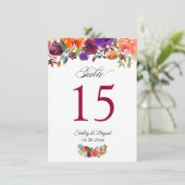 Rustisch Bourgogne Oranje Floral Wedding Table Num Menu (Staand voorkant)