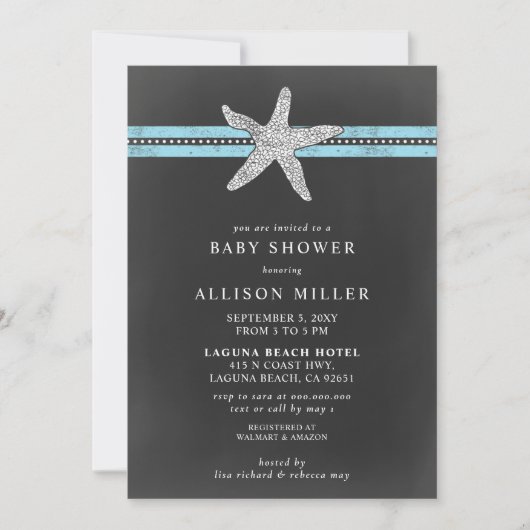 Rustisch Chalkboard Blue Starfish Beach Baby showe Kaart (Voorkant)