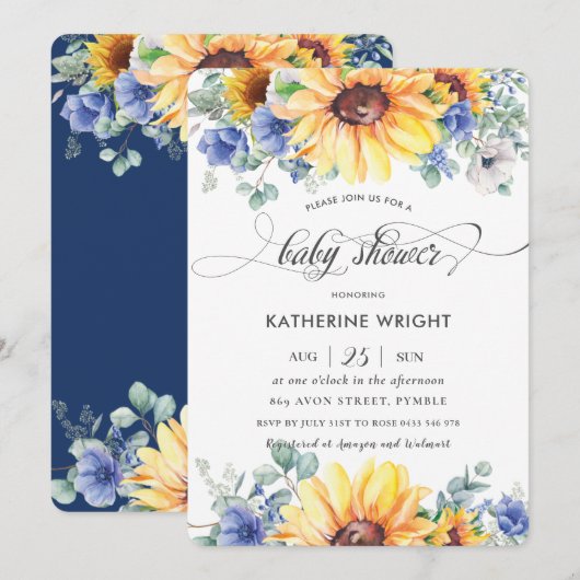 Rustisch Chic Sunflower Blue Floral Baby shower Kaart (Voorkant / Achterkant)