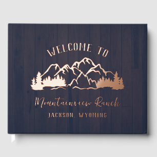 Rustisch donkerblauw houten berglandschap gastenboek