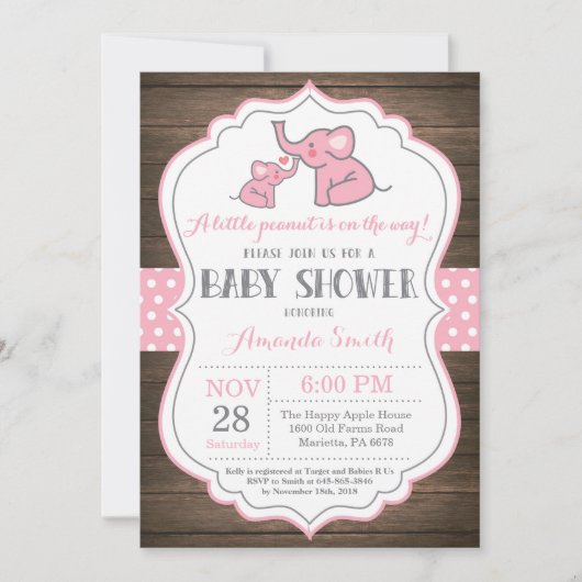 Rustisch Elephant Baby shower Invitation Roze Kaart (Voorkant)