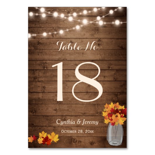 Rustisch Fall Leaves Lights Wedding Table Number Kaart (Voorkant)