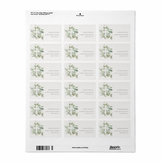 Rustisch Groen Eucalyptus Fern Foliage Cross-adres Etiket (Full Sheet)