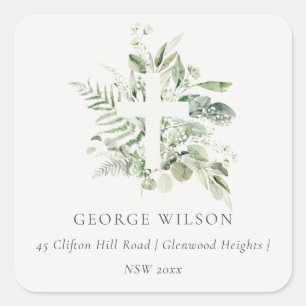 Rustisch Groen Eucalyptus Fern Foliage Cross-adres Vierkante Sticker