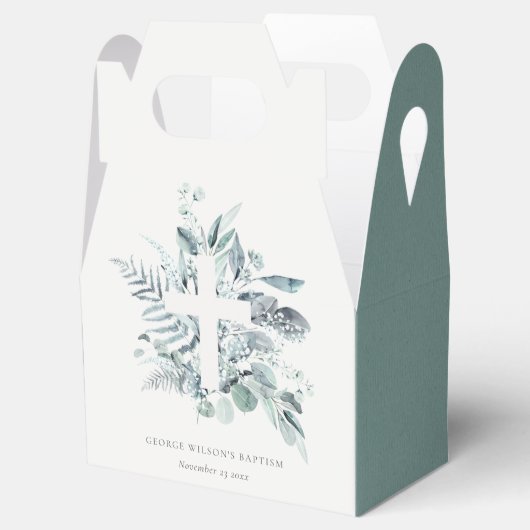 Rustisch Groen Eucalyptus Fern Foliage Cross Bapti Bedankdoosjes (Geopend)