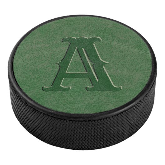 Rustisch groen Initiaal van lederen textielmonogra Hockey Puck (3/4)