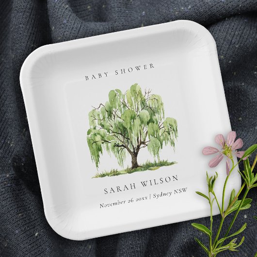 Rustisch groen Waterverf Willow Tree Baby shower Papieren Bordje